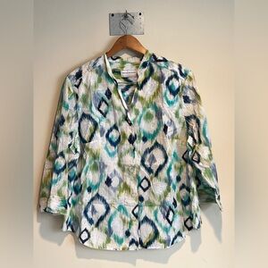 Alfred Dunner Woman 18W Button Up Cotton Blouse Top Ikat Eyelet Embroidered Boho